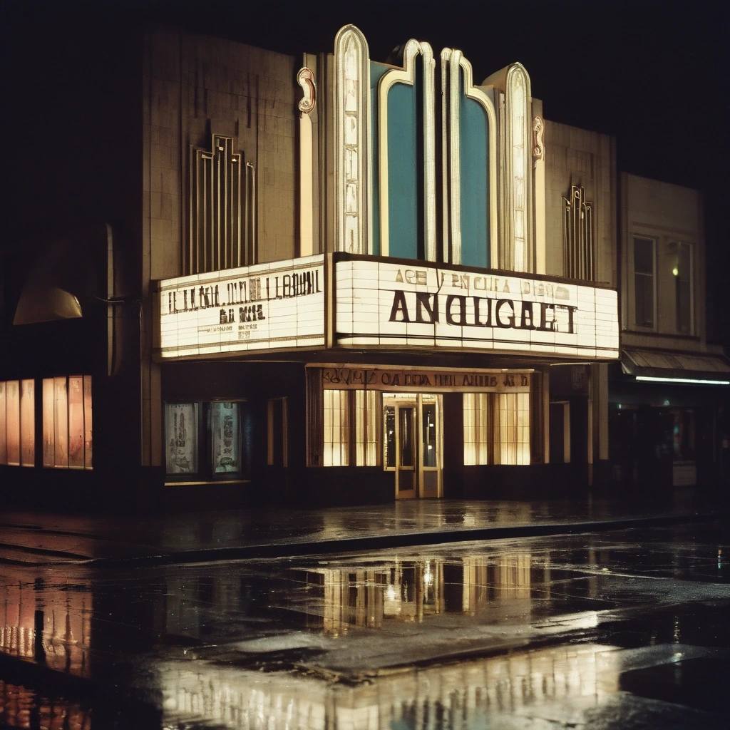 Art deco cinema facade at night with a glowing…