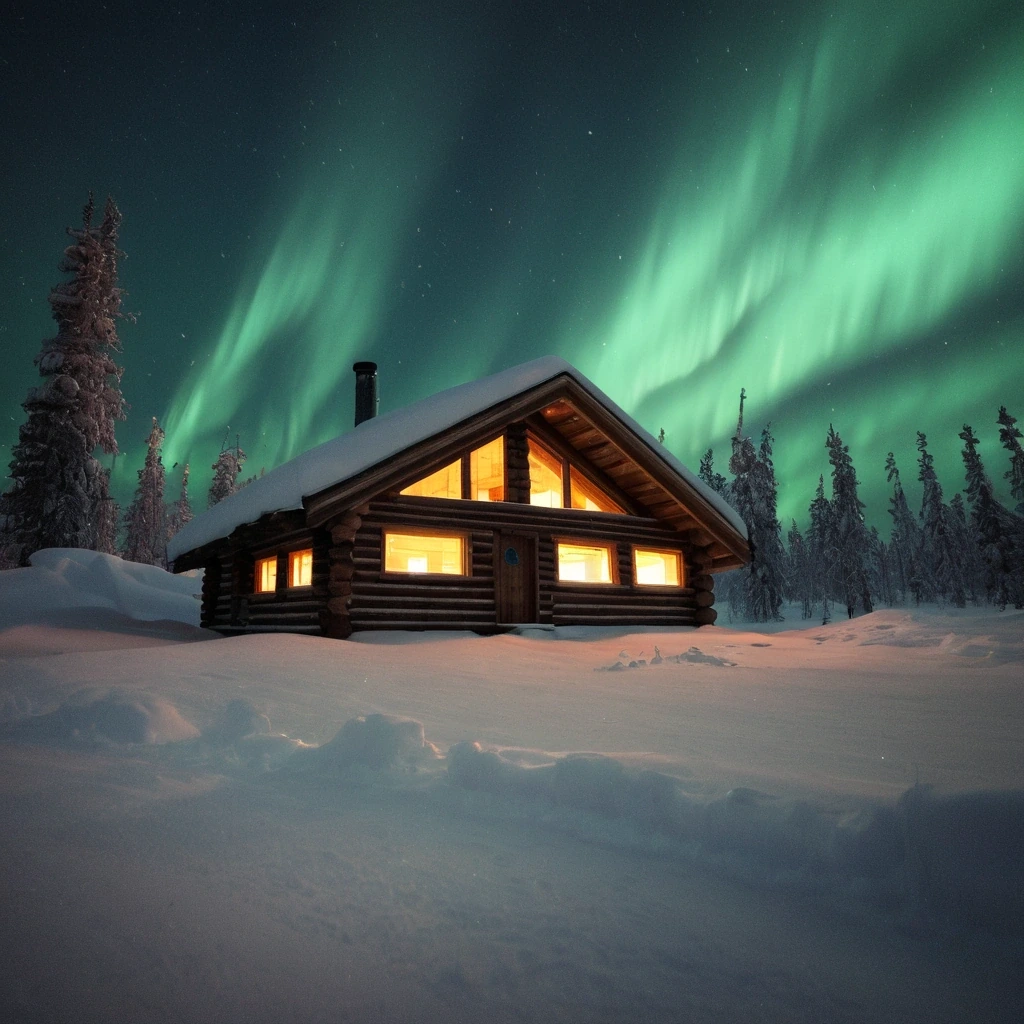 Log cabin under the northern lights