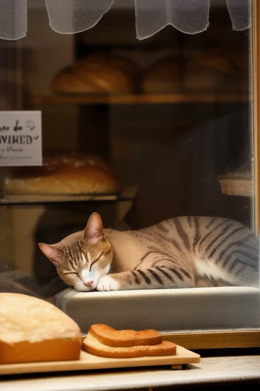 Cat asleep in a bakery window among loaves