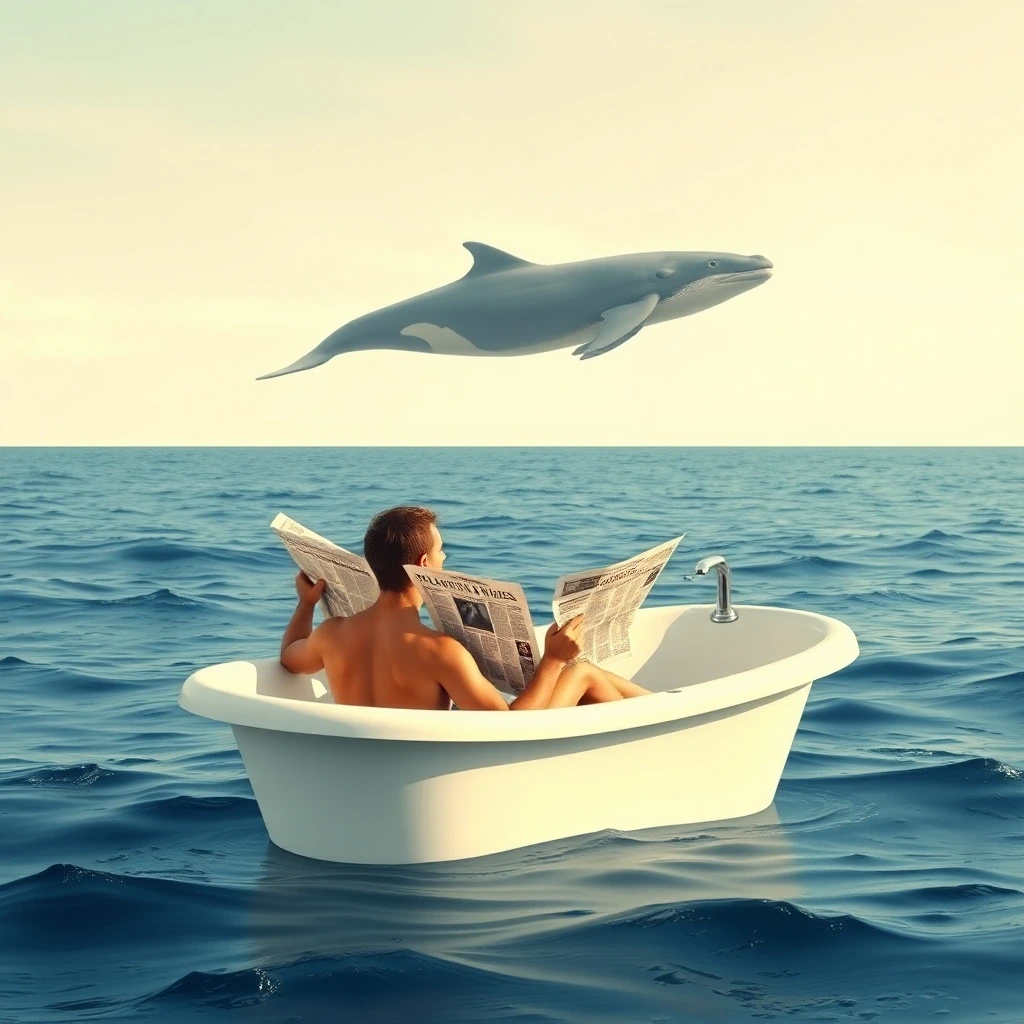 Bathtub floating in the open ocean with a man…