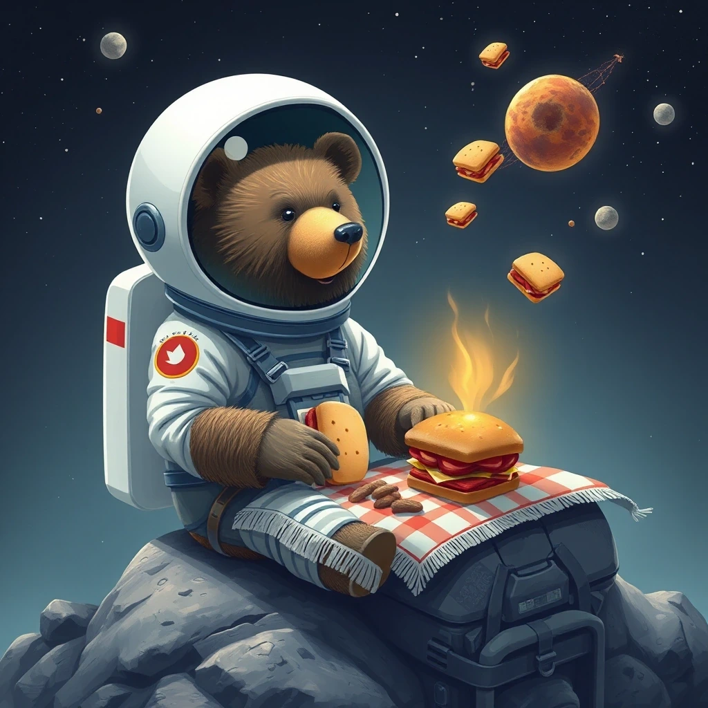 Bear in a spacesuit having a picnic on a comet