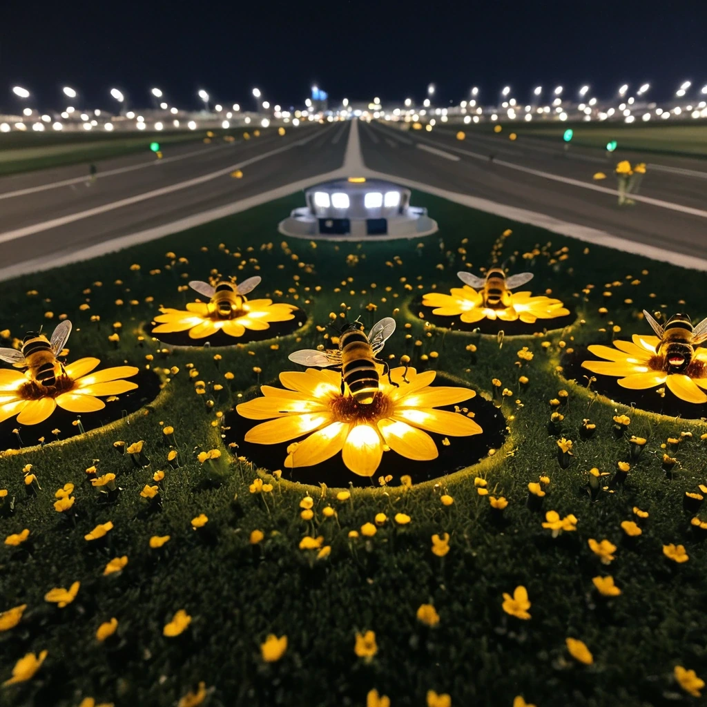 Bees landing on a flower shaped like an airport…