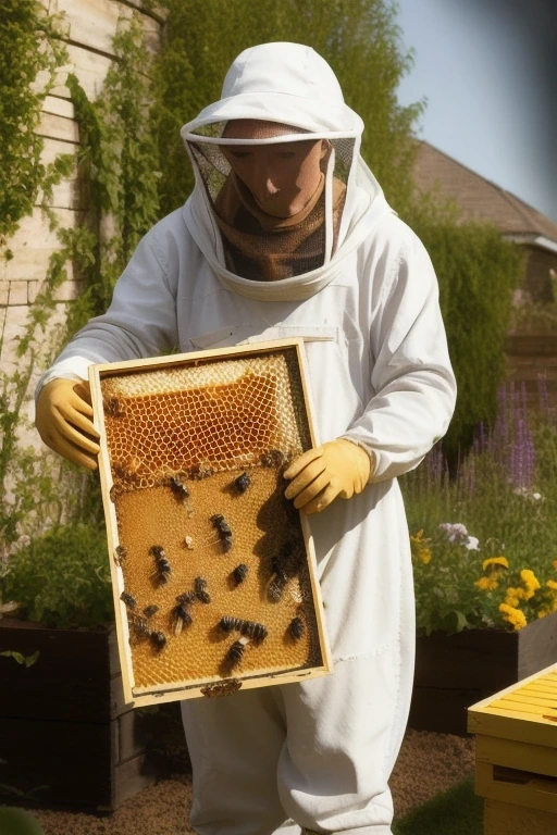 Beekeeper in a veil lifting a honeycomb frame
