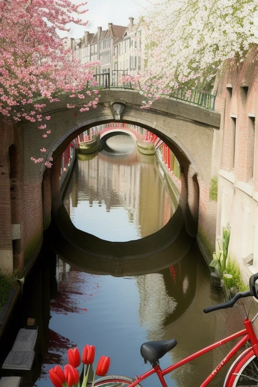 Red bicycle leaning on a canal bridge…