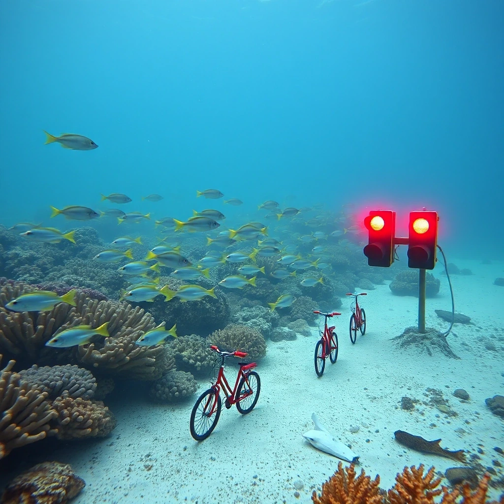 School of fish riding tiny bicycles along…
