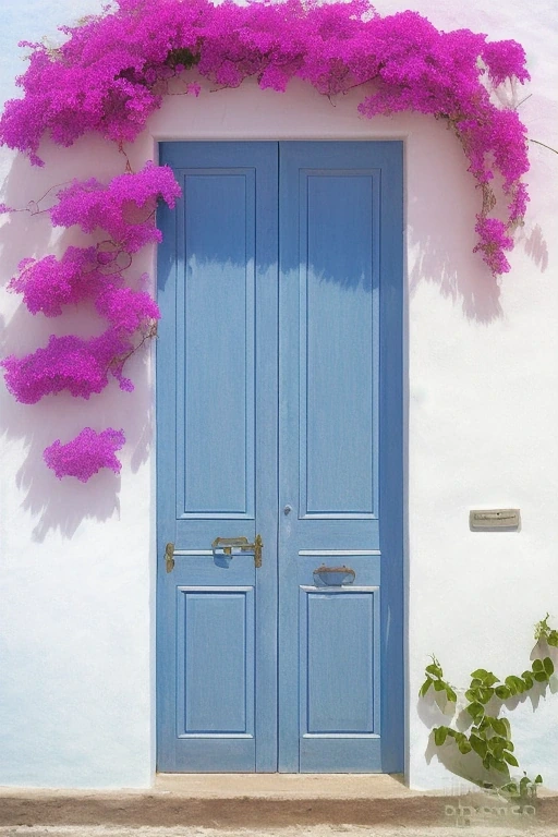 Blue wooden door in a whitewashed wall…