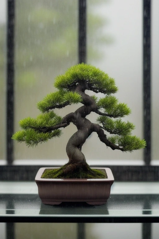 Bonsai pine on a windowsill with rain…