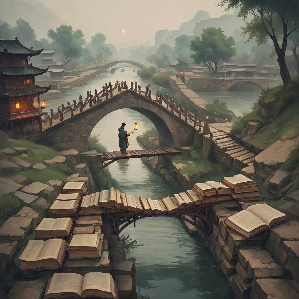 Bridge made of open books spanning a river