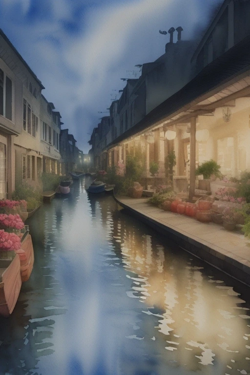 Watercolour of a canal town at dusk with paper…