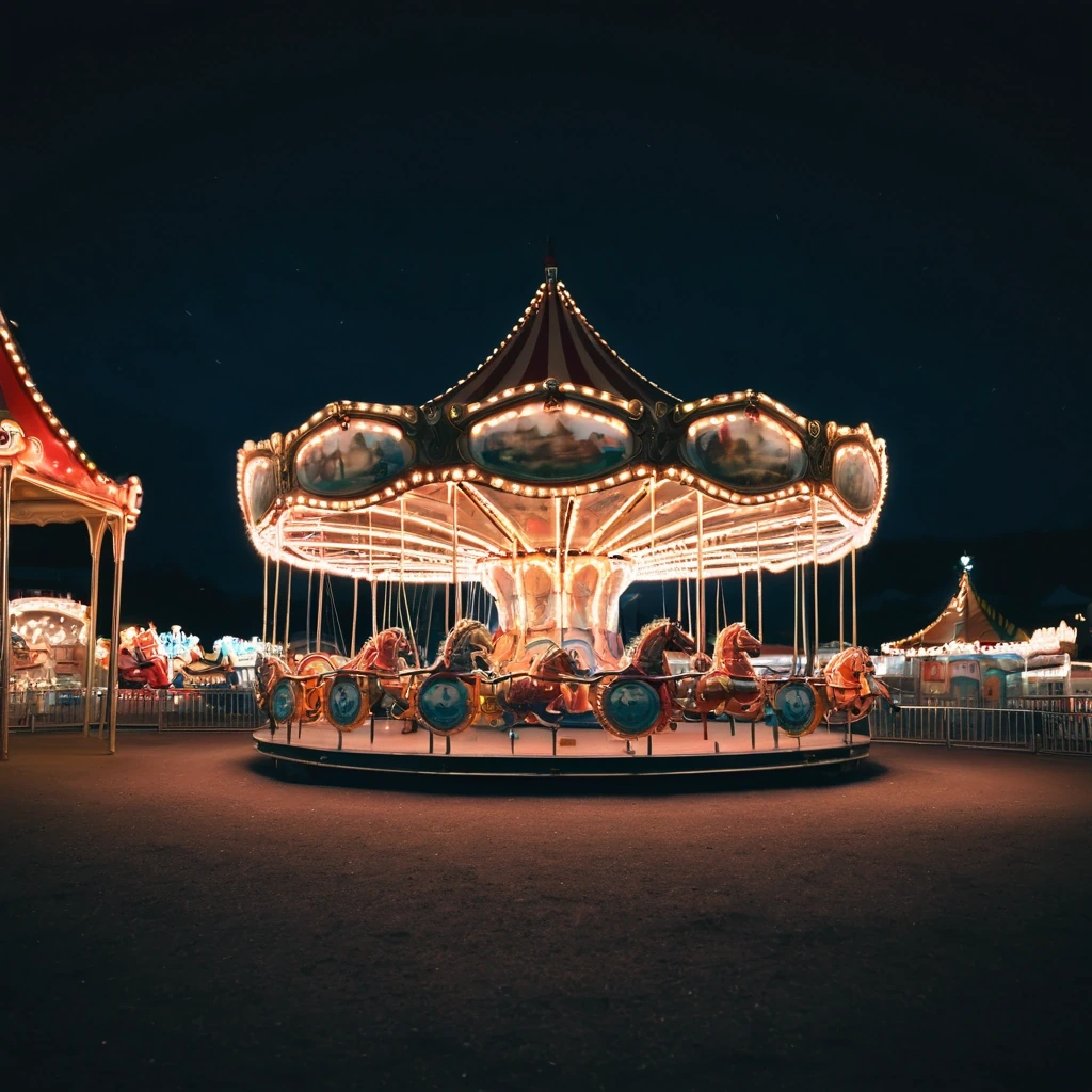 Carousel lit up at night in an empty fairground