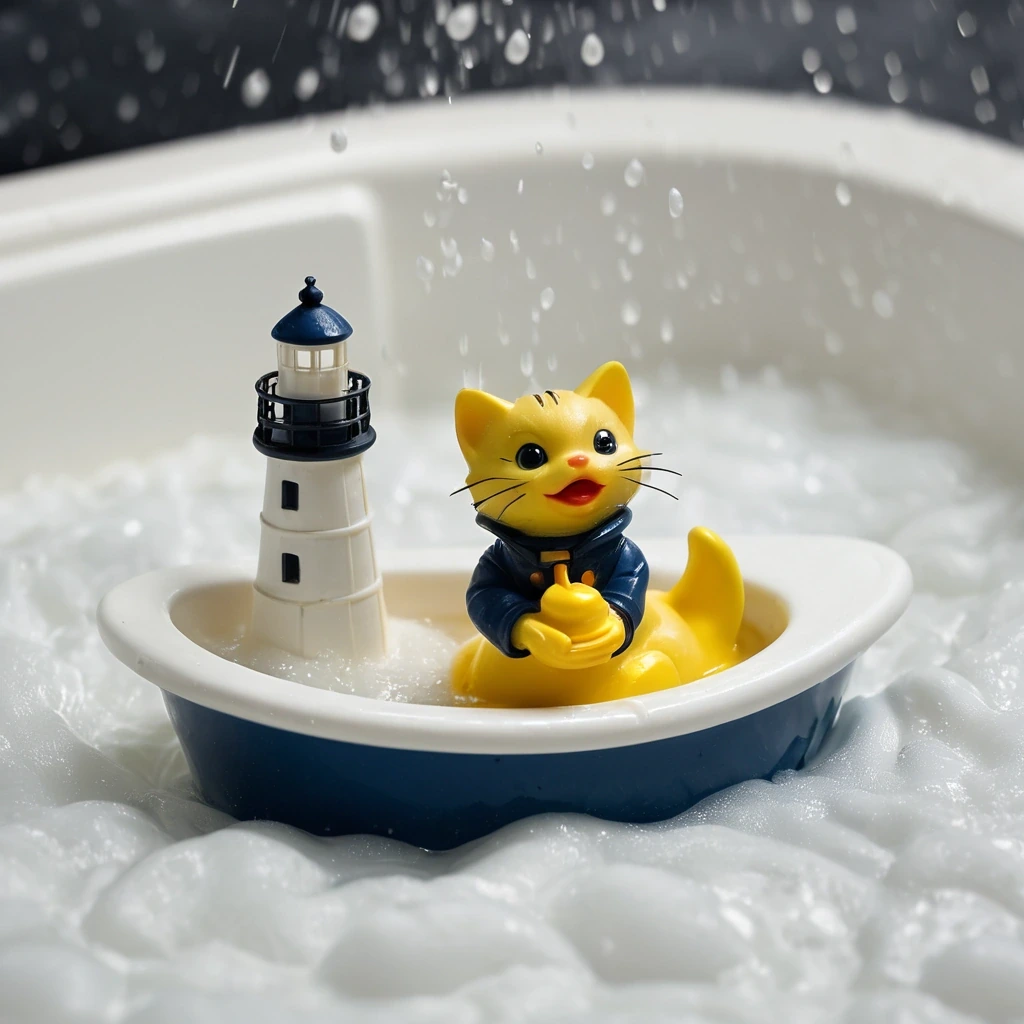 Kitten sailing a teacup through a bathtub storm