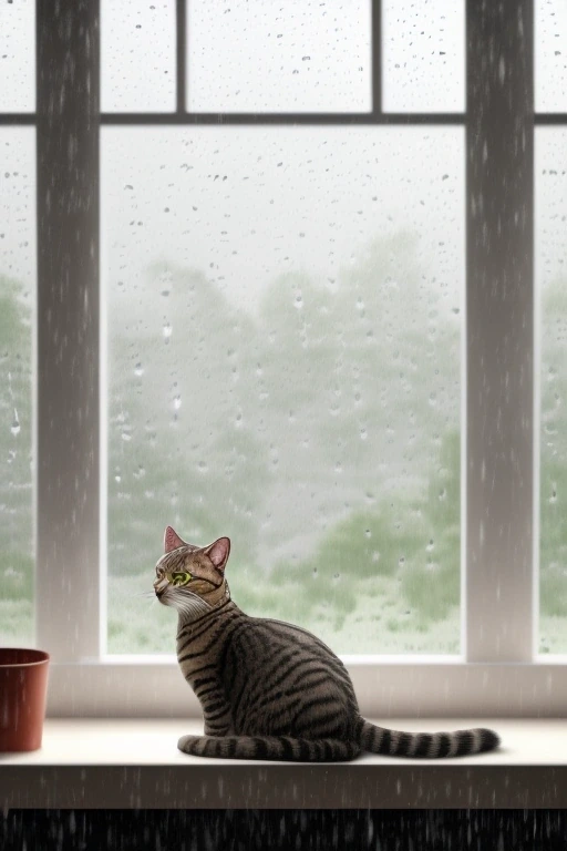 Tabby cat watching rain from a windowsill
