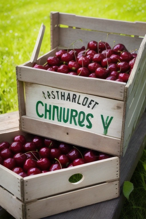 Wooden crate of cherries at a farm stand