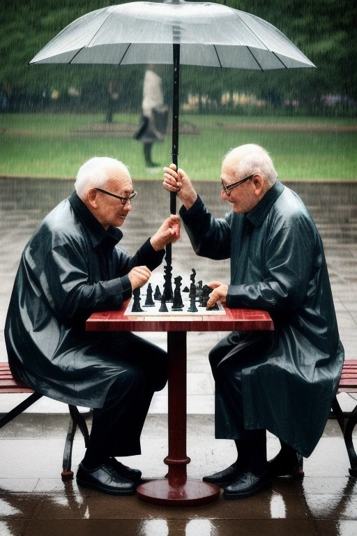 Two old men playing chess in a park in the rain…