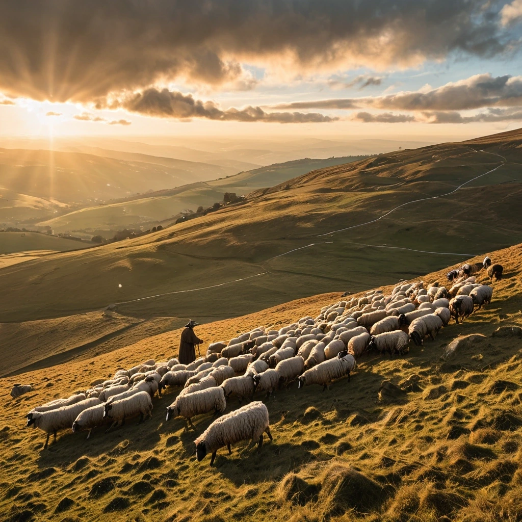 Shepherd herding a flock of small clouds across…
