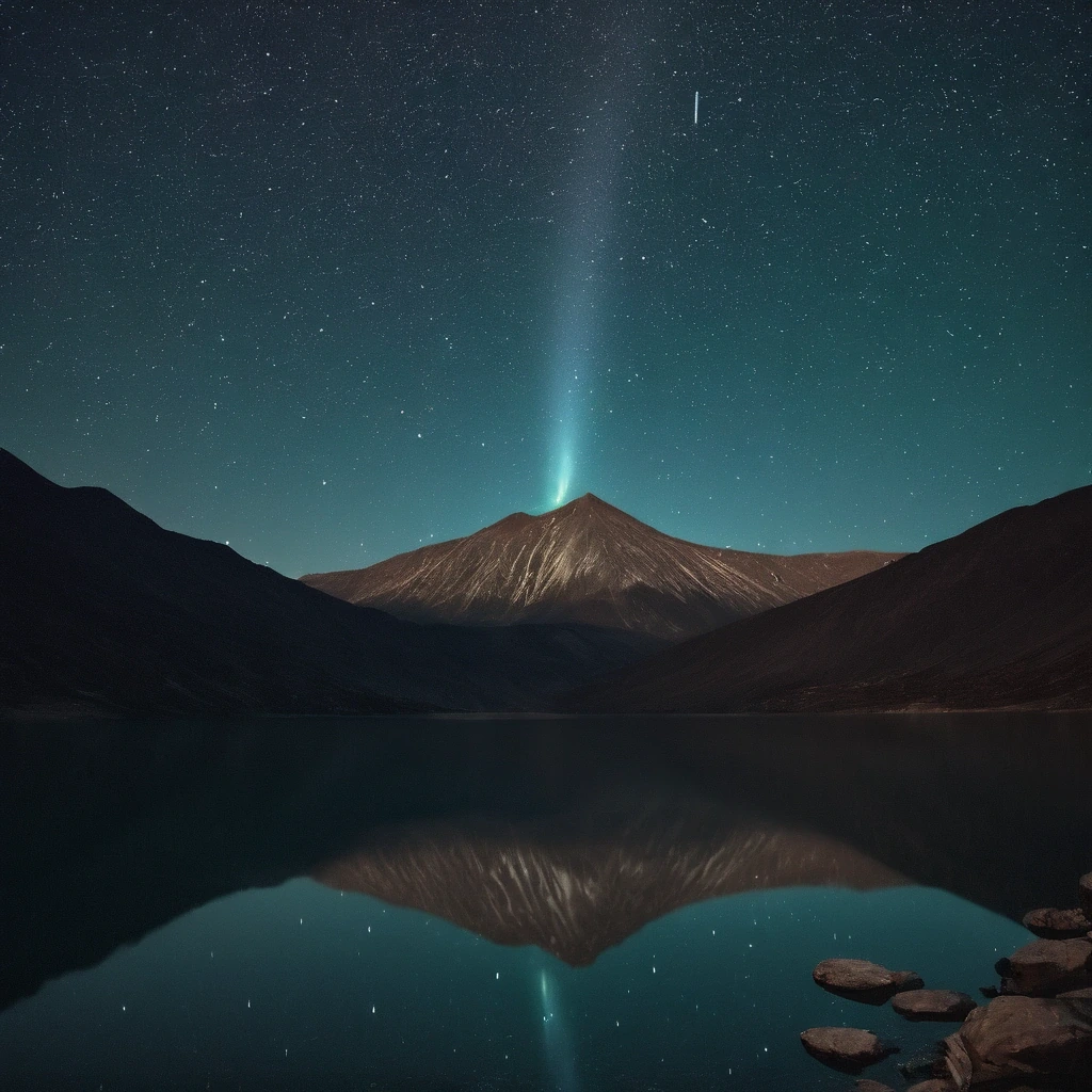 Comet over a mountain lake at night