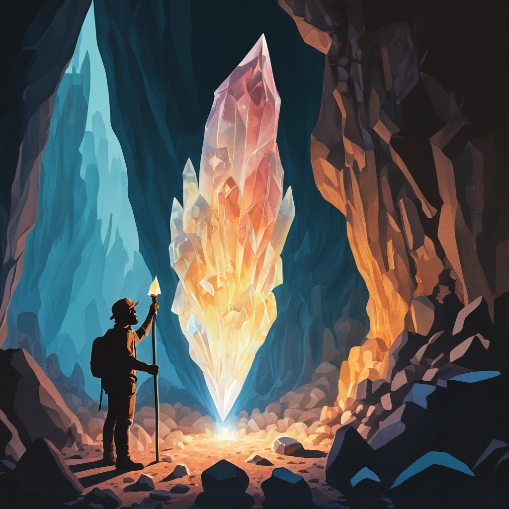 Cave of giant crystals lit by a torch