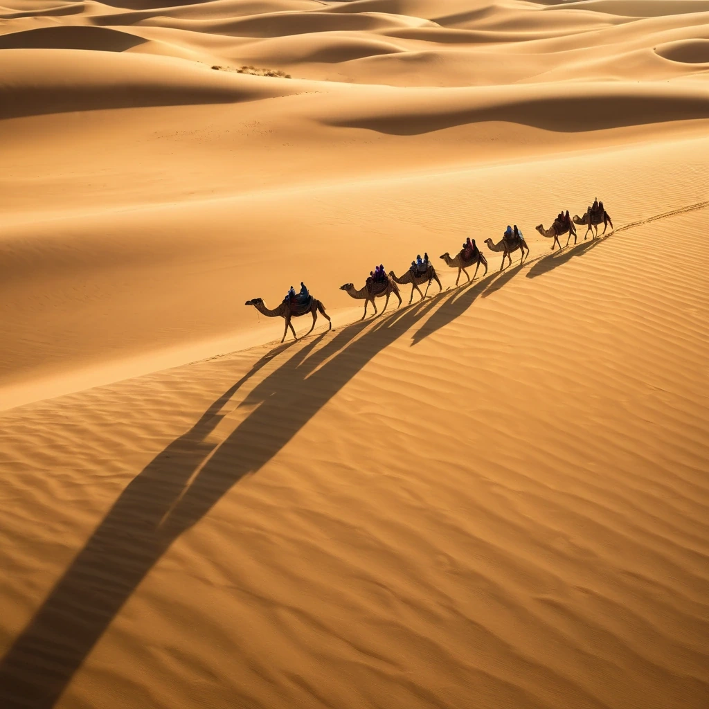 Camel caravan crossing dunes at golden hour