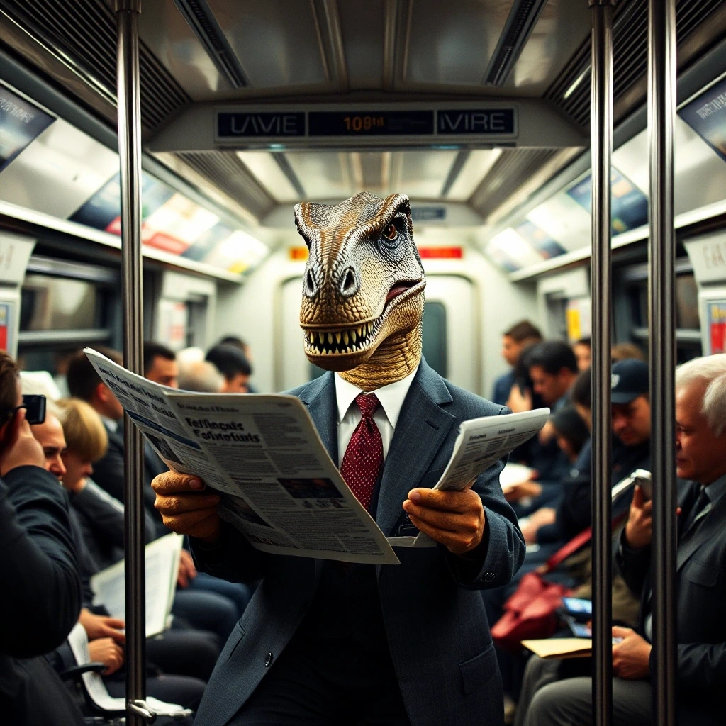 Dinosaur in a suit reading a newspaper…