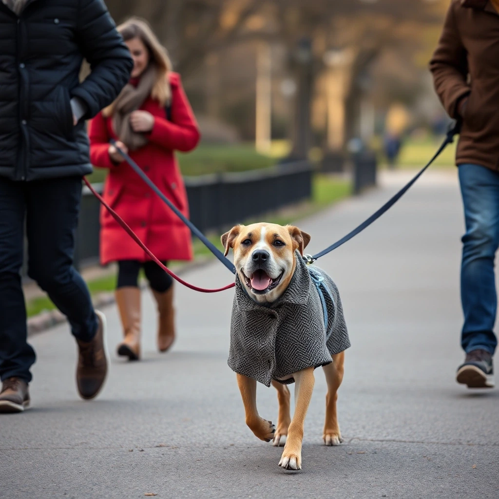 Dog in a tweed coat walking three humans…