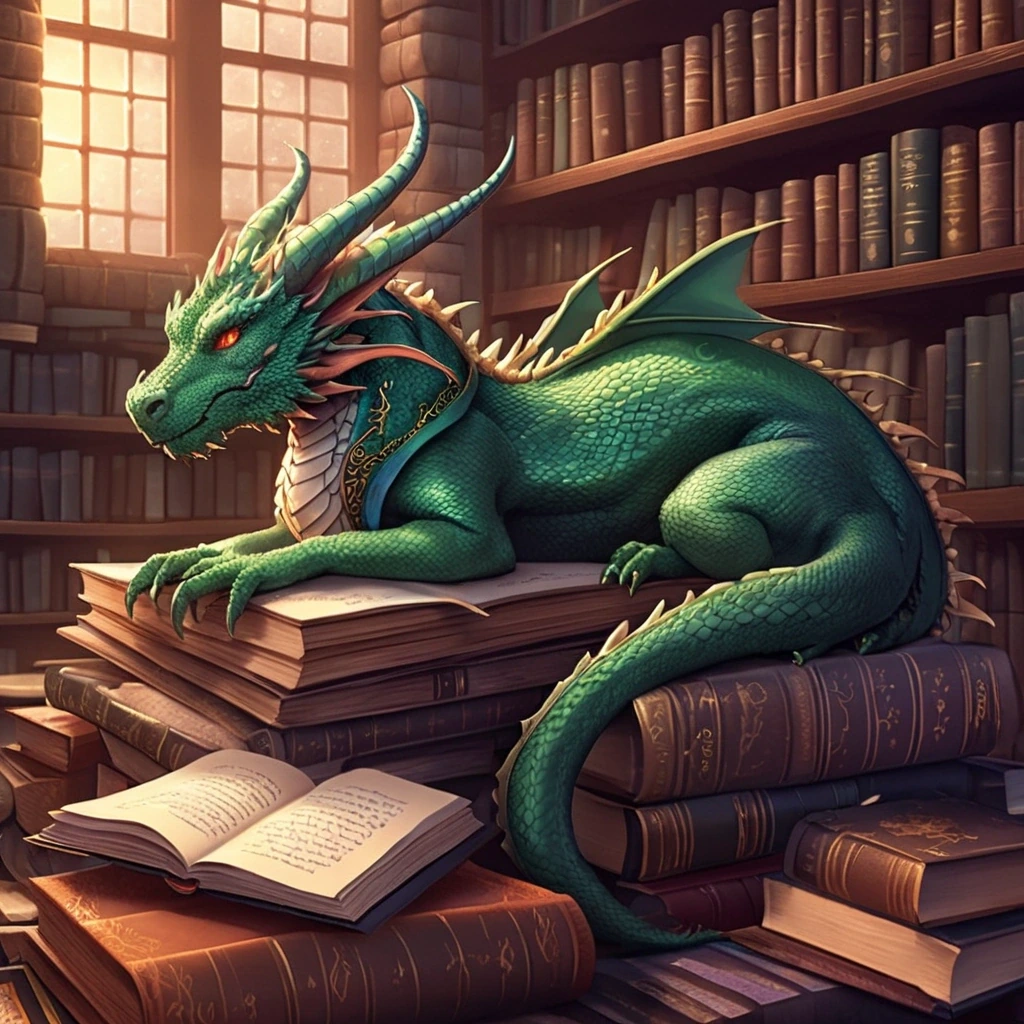 Small dragon curled asleep on library books