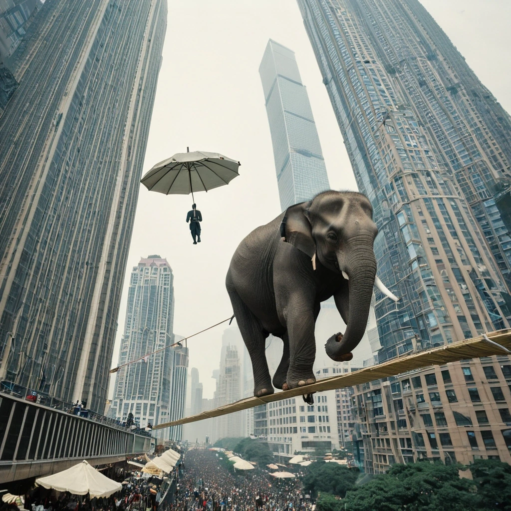 Elephant on a tightrope between two skyscrapers…