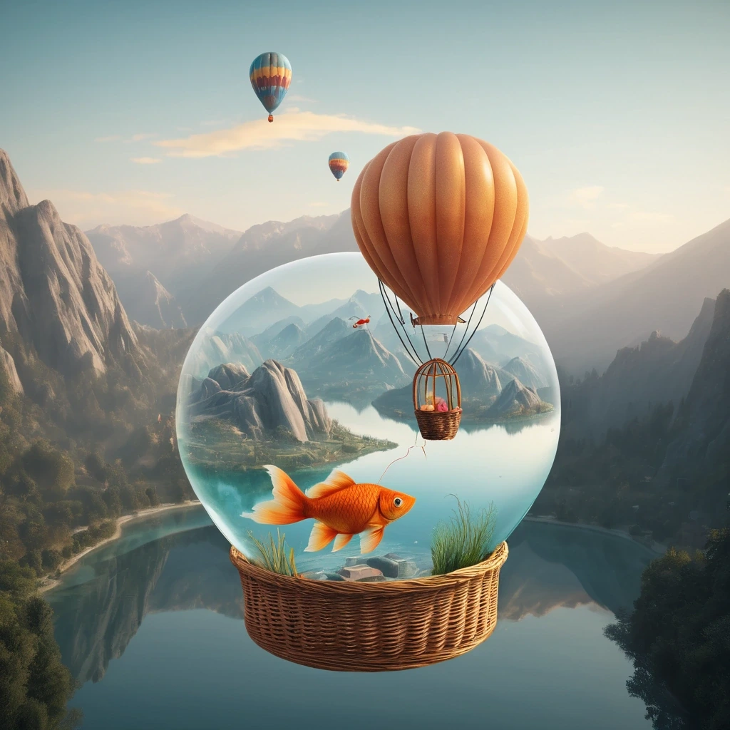 Goldfish bowl as the basket of a hot air balloon
