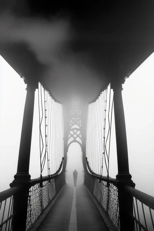 Suspension bridge disappearing into fog