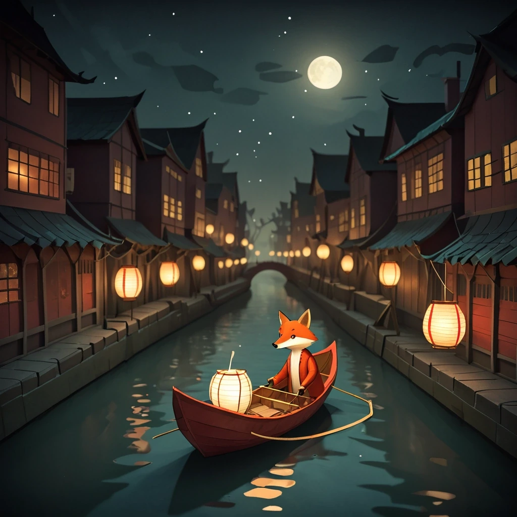 Fox rowing a boat made of a paper lantern down…