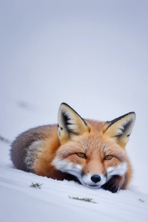 Red fox curled up asleep in fresh snow