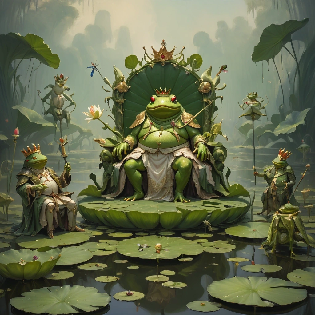 Frog king holding court on a lily pad throne