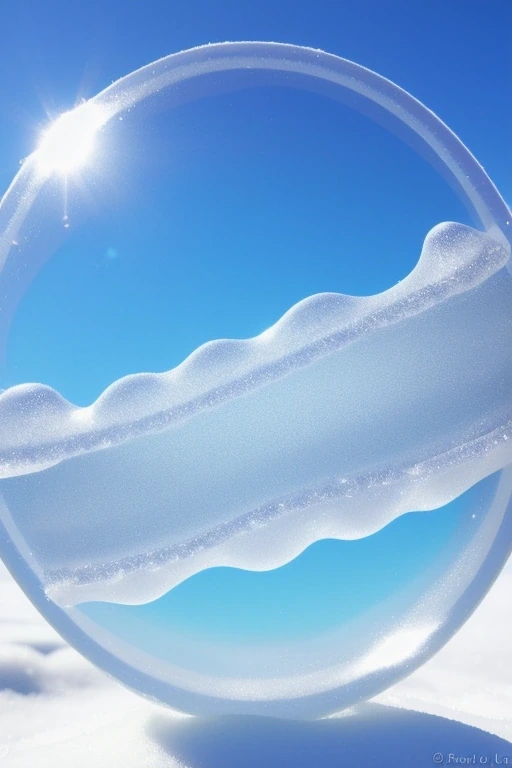 Frozen soap bubble with ice crystals on snow