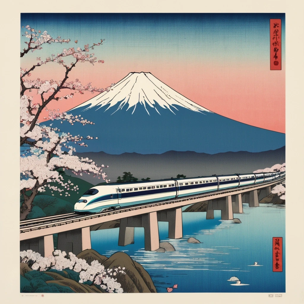 Ukiyo-e woodblock print of a bullet train…