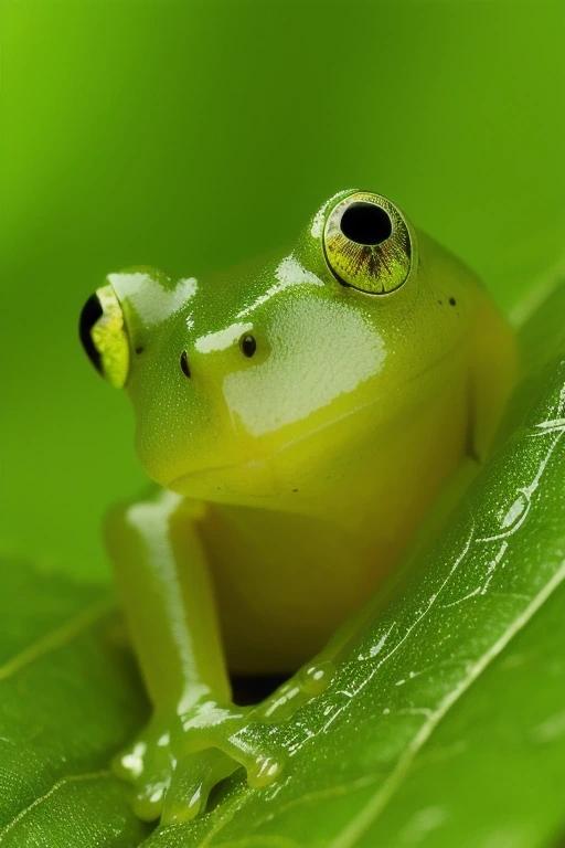 Macro photograph of a glass frog on a wet leaf