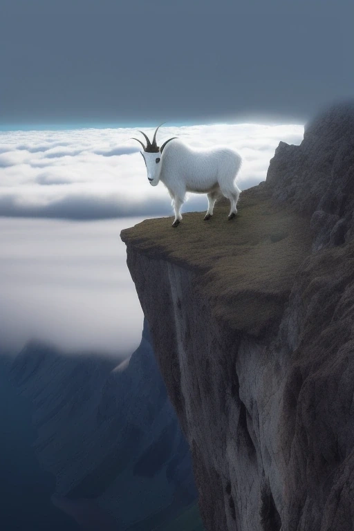 Mountain goat standing on a sheer cliff edge…
