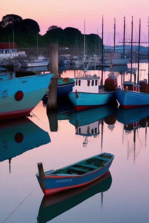 Fishing boats in a harbour at dawn