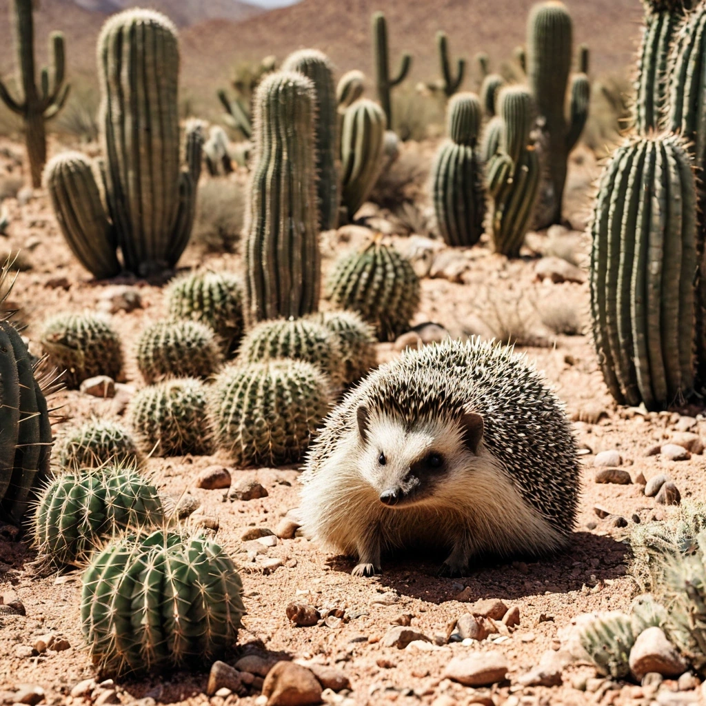 Hedgehog sitting among cacti in a desert