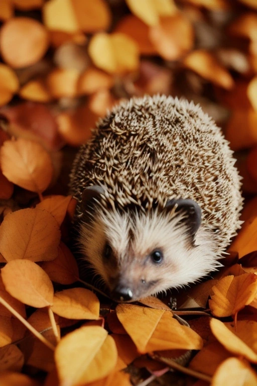 Hedgehog peeking out of autumn leaves