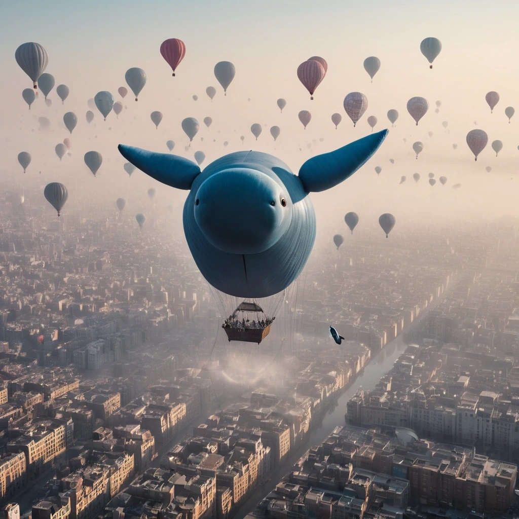 Whale lifted over a city by hundreds of hot air…