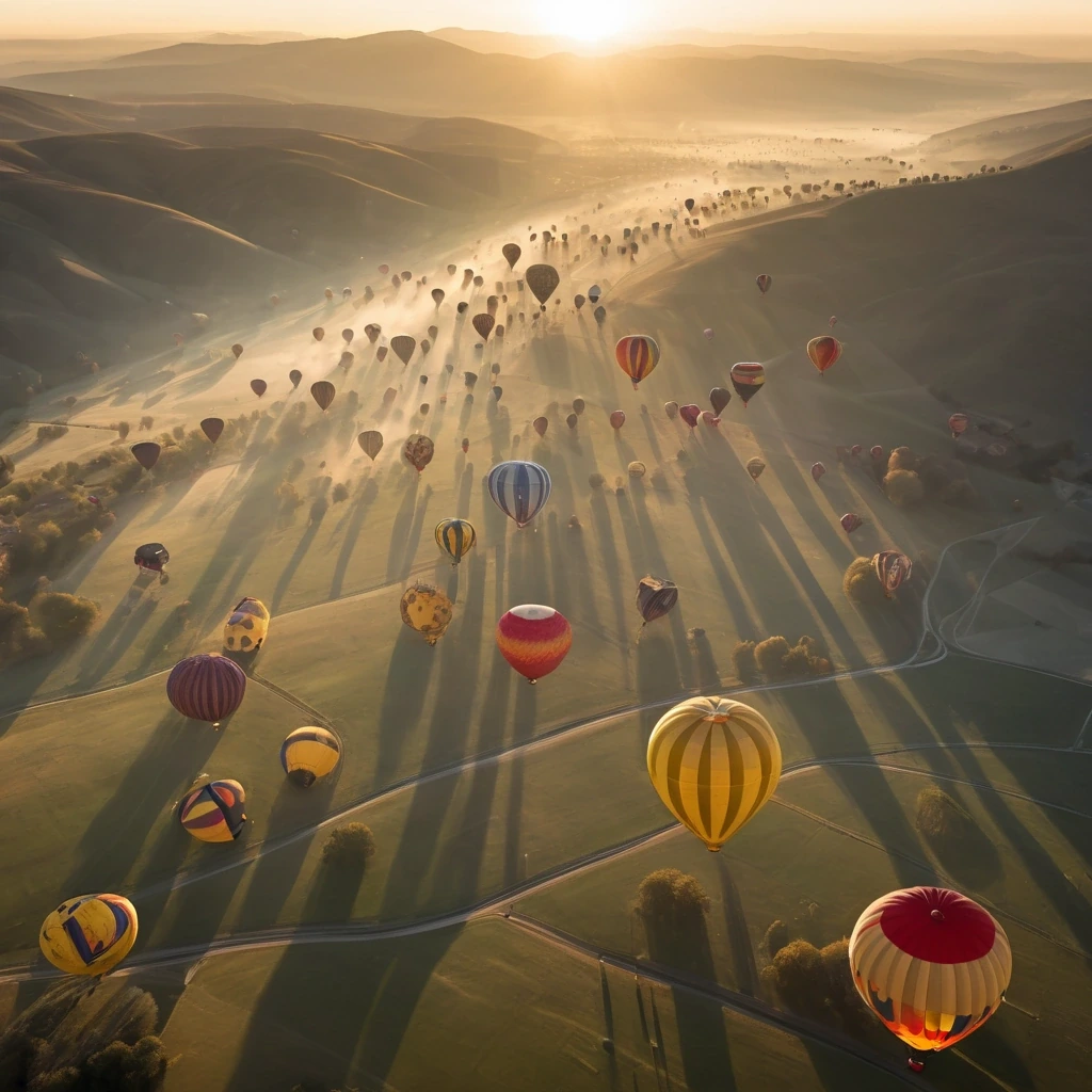 Dozens of hot air balloons over a valley…