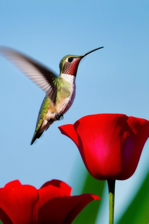 Hummingbird hovering at a red flower