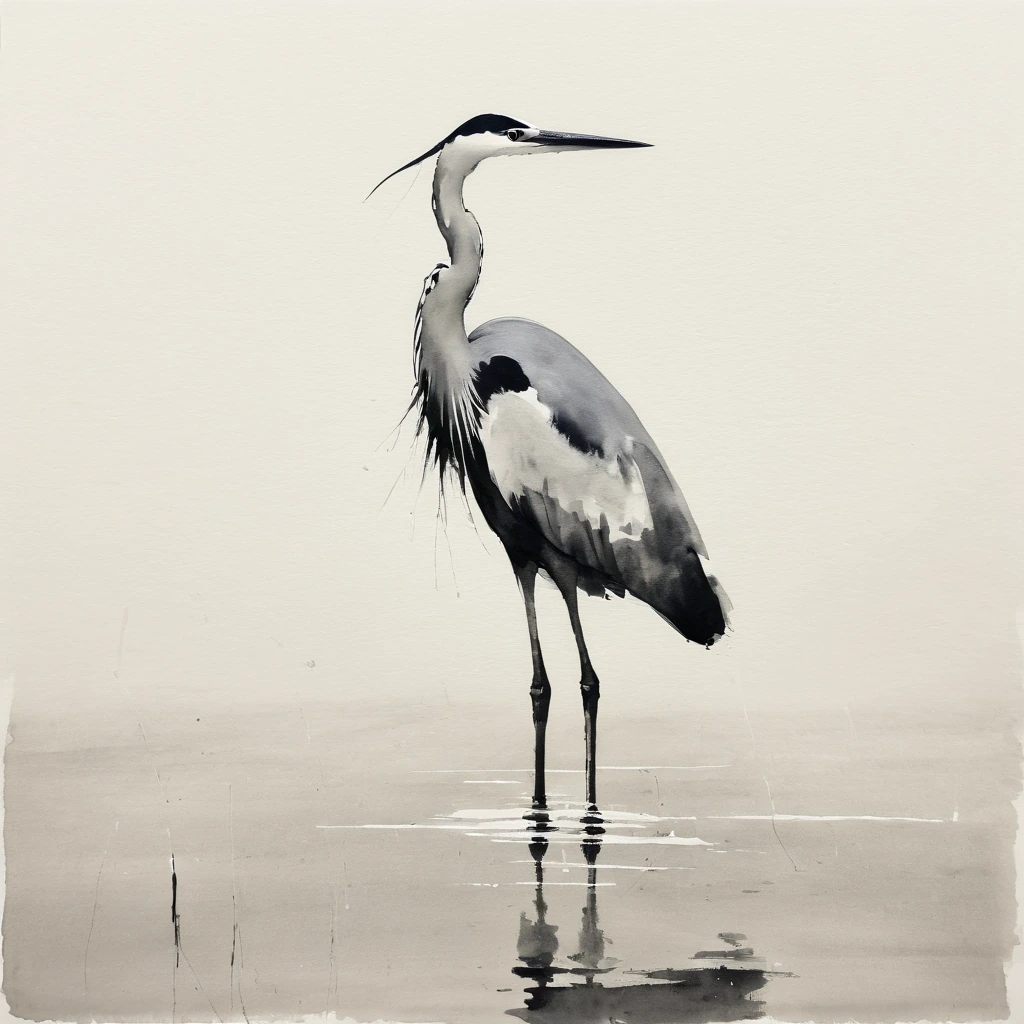Sumi-e ink painting of a heron standing in still…
