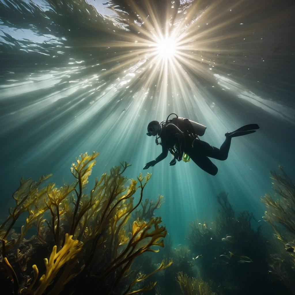 Diver drifting through a kelp forest