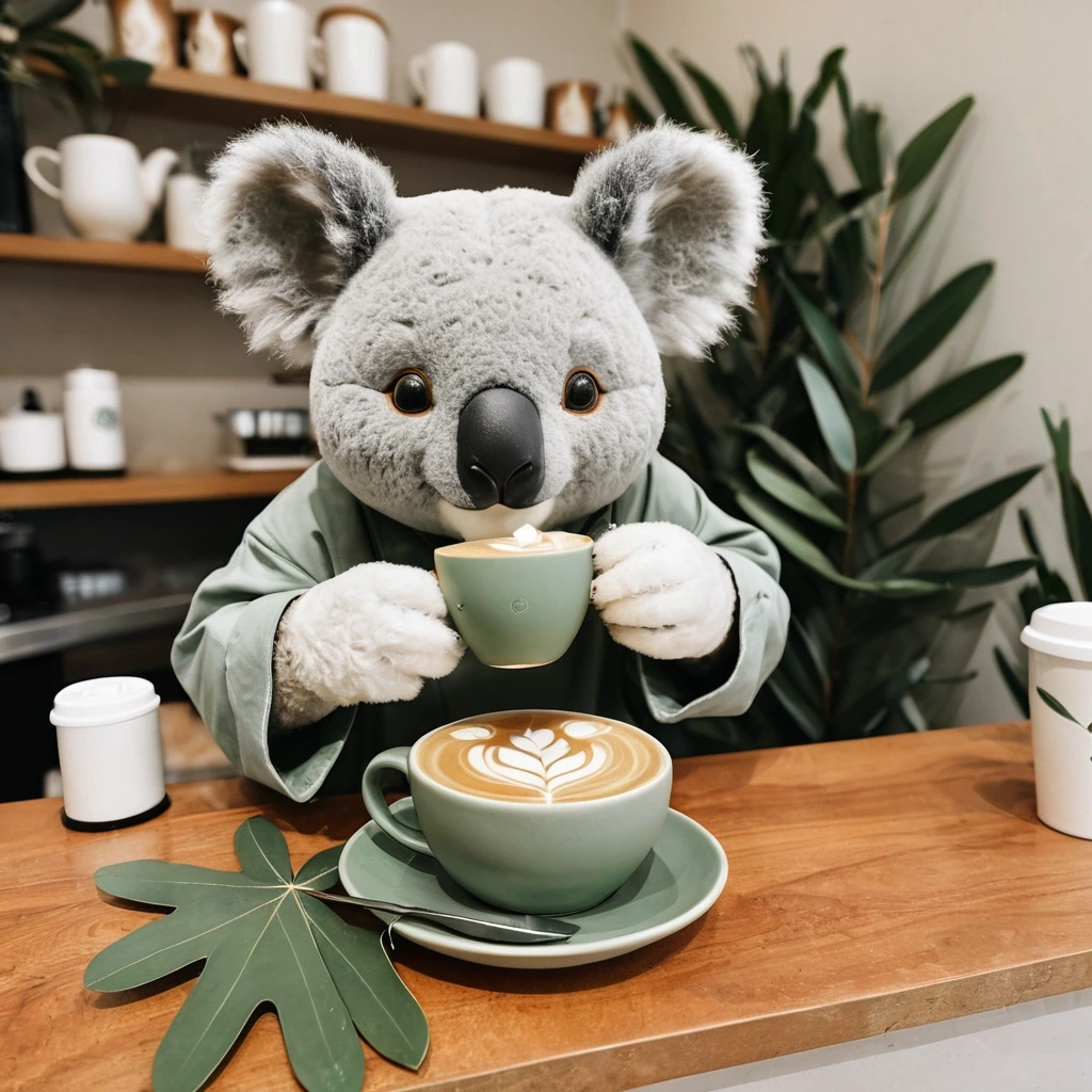 Koala making latte art in a eucalyptus-leaf…
