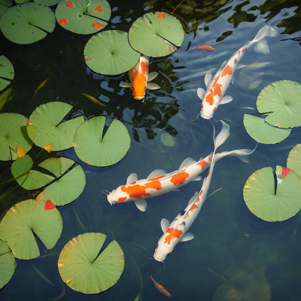 Koi fish under lily pads