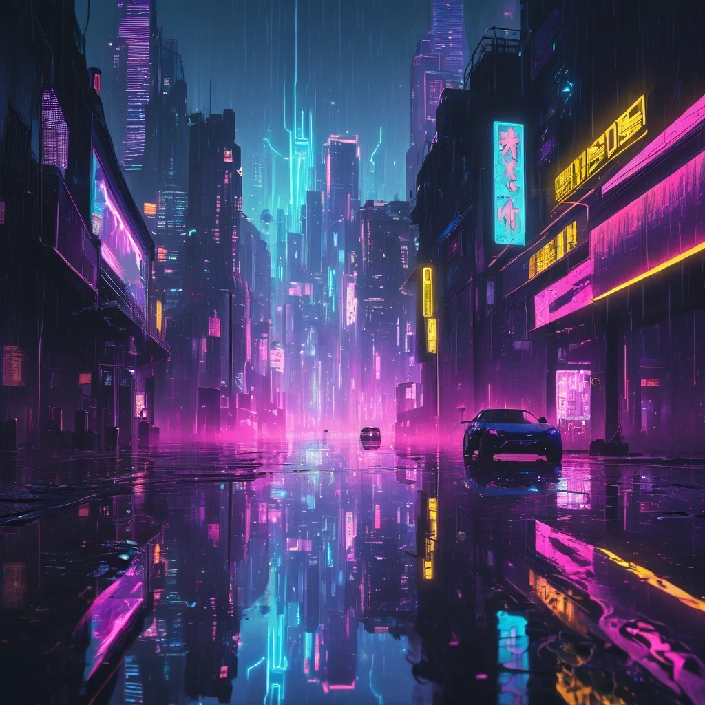 City skyline reflected in a puddle of neon rain