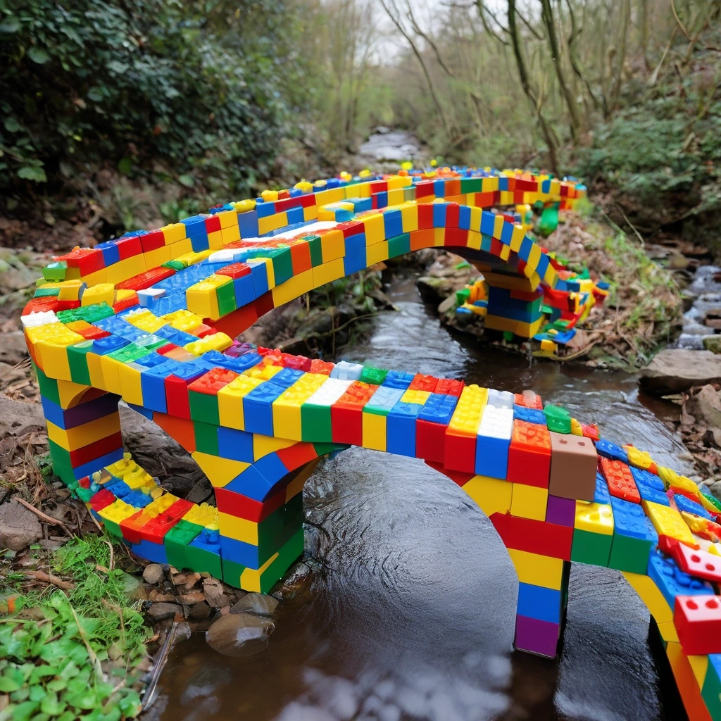 Bridge built from toy bricks over a real stream