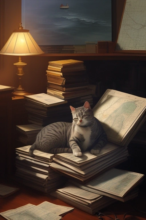 Cat asleep on a pile of nautical charts…