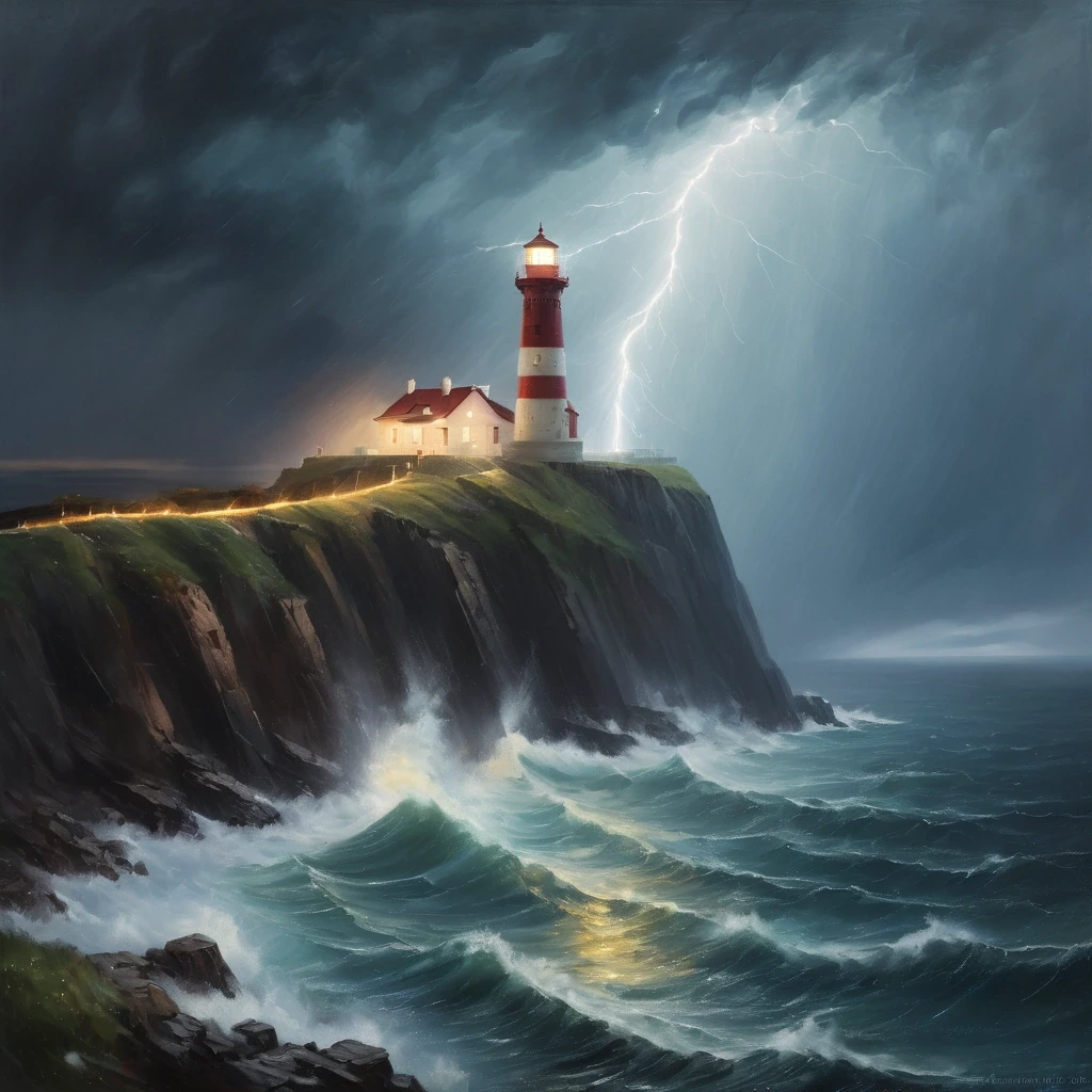Lighthouse on a sea cliff in a thunderstorm