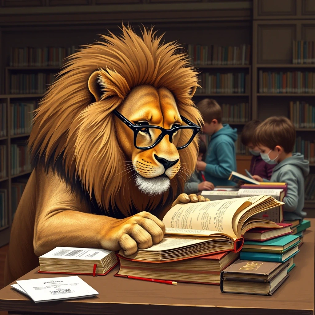 Lion in reading glasses stamping books…